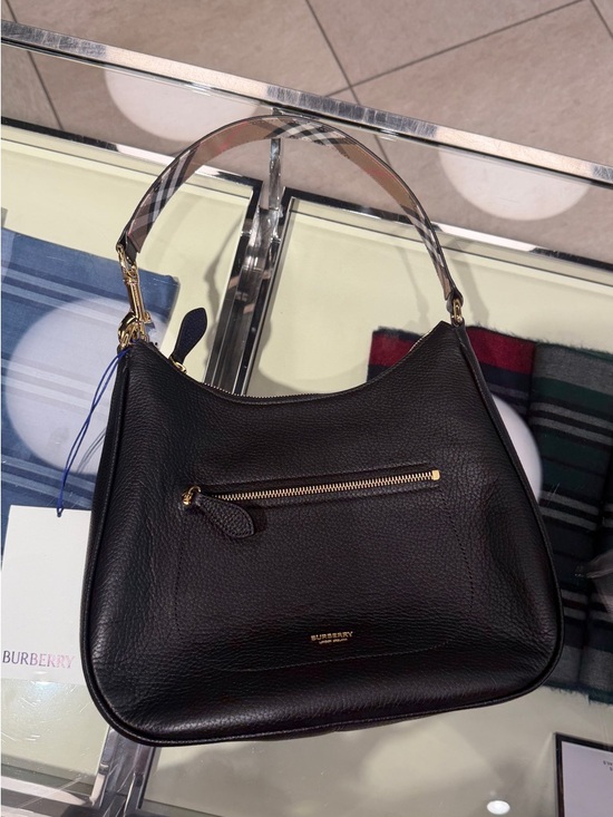 Burberry Handbags - Burberry Black Pebbled Leather with Check Shoulder/hobo bag New